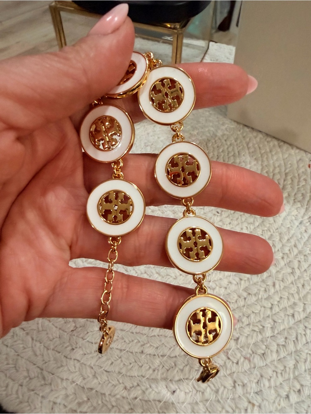 Tory Burch White Enamel Gold Hollow Round Bracelet | New with dust bag
